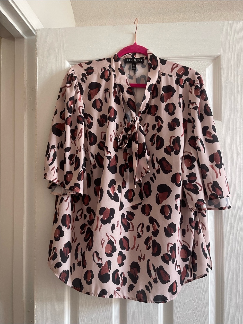Eloquii Pink Leopard-Print Tie-Neck Blouse